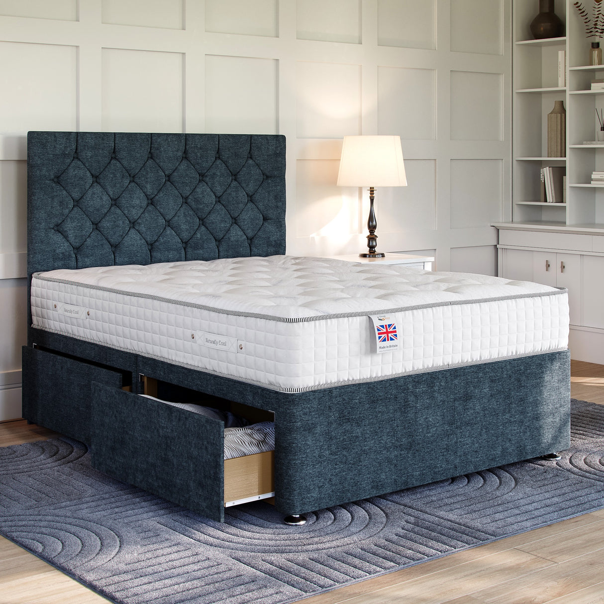 Blue Chenille Platform Top Divan Bed Base