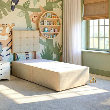 Children's room with a bed, shelves, and wall art featuring animals and nature.