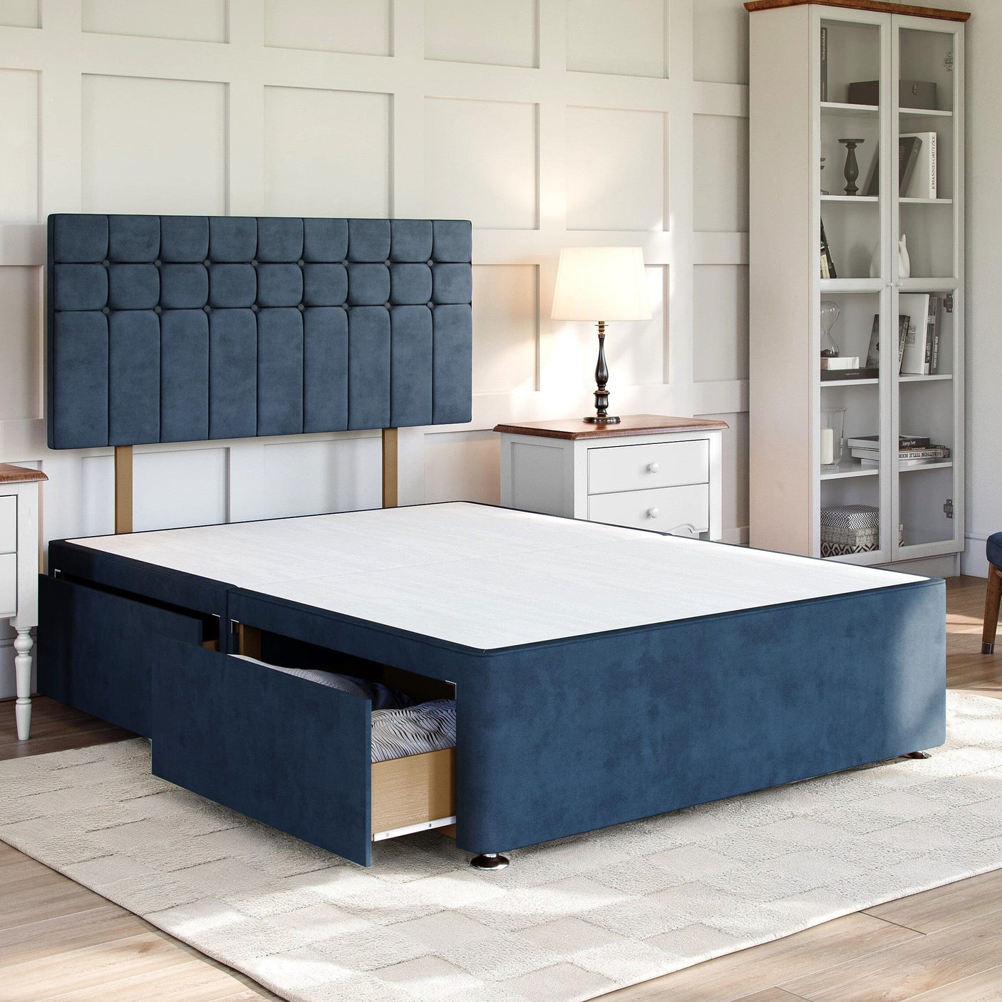 Navy Velvet Platform Top Divan Bed Base | Divan Base Direct
