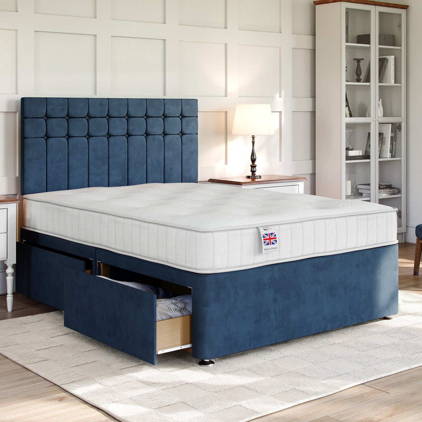 Navy Velvet Platform Top Divan Bed Base | Divan Base Direct