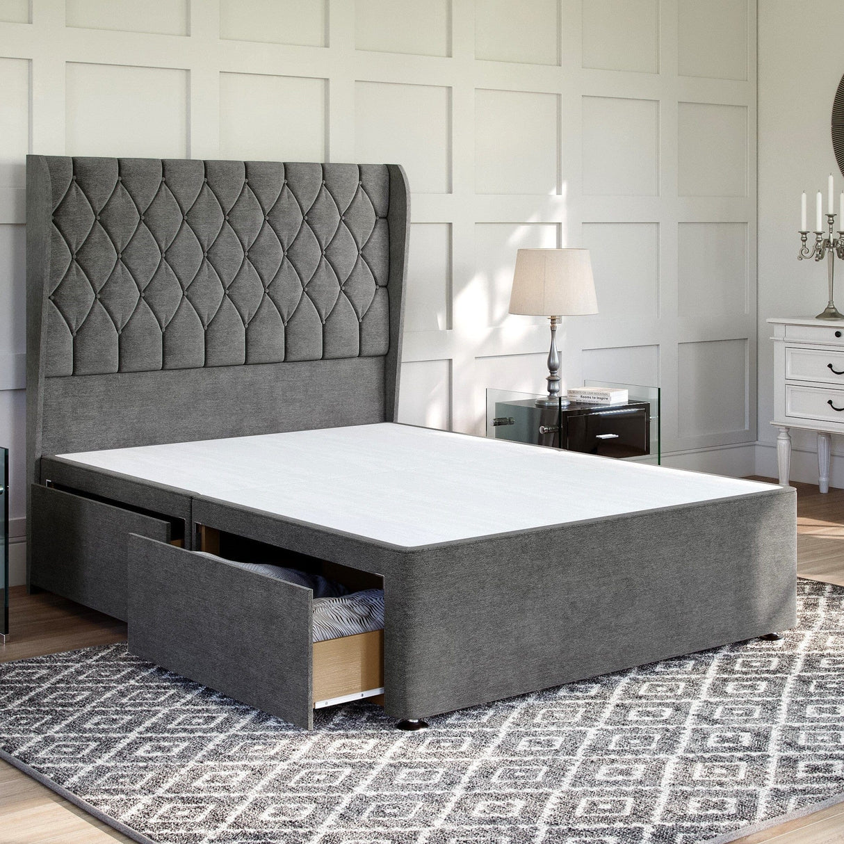 Buckingham Divan Bed Set with Winged Floor Standing Headboard Divan bed Divan Base Direct
