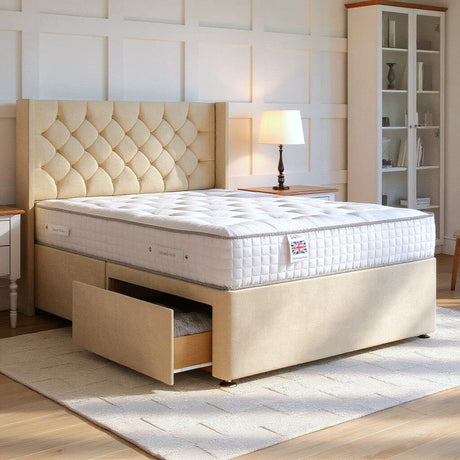 Chesterfield Divan Bed Set with Winged Floor Standing Headboard Divan bed Divan Base Direct