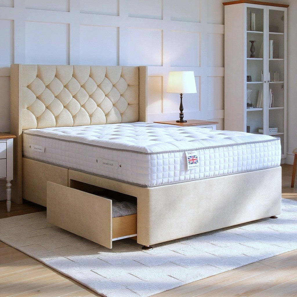 Chesterfield Divan Bed Set with Winged Floor Standing Headboard Divan bed Divan Base Direct
