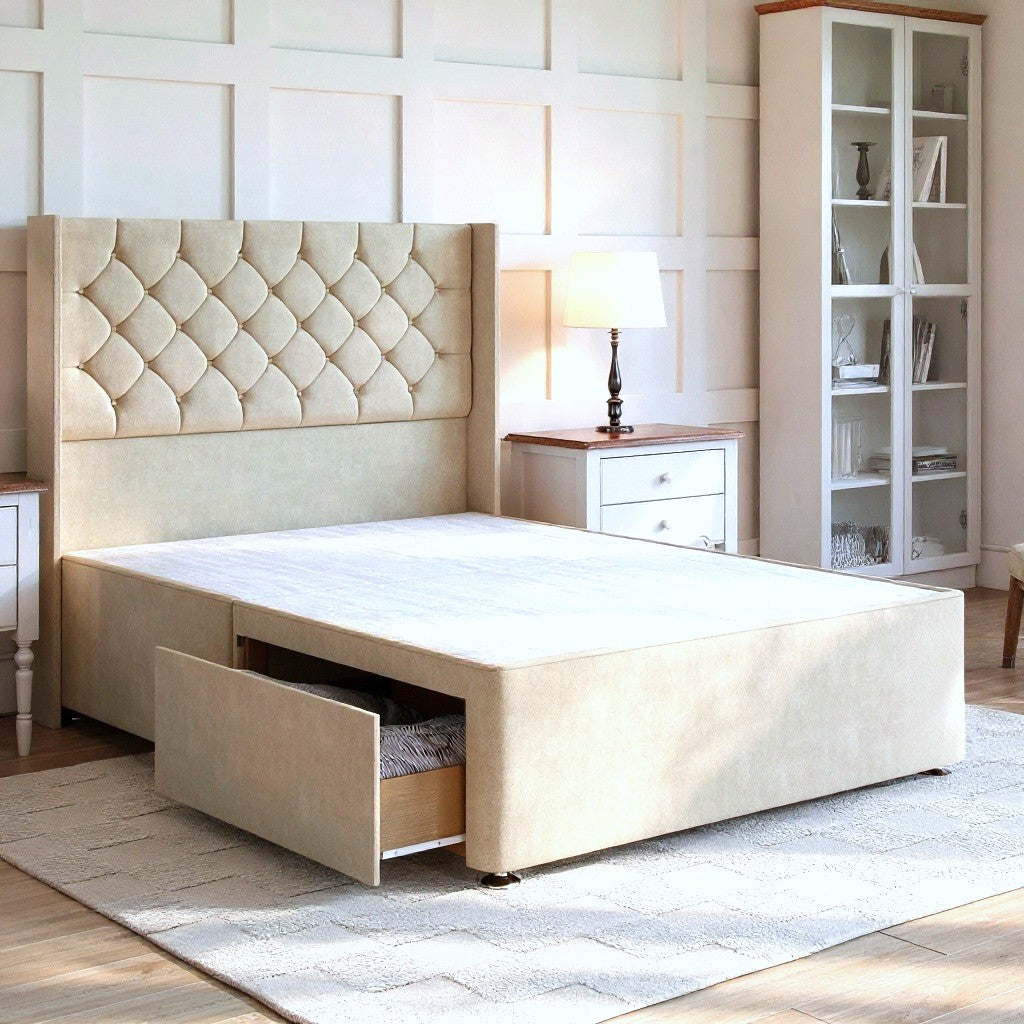 Chesterfield Divan Bed Set with Winged Floor Standing Headboard Divan bed Divan Base Direct