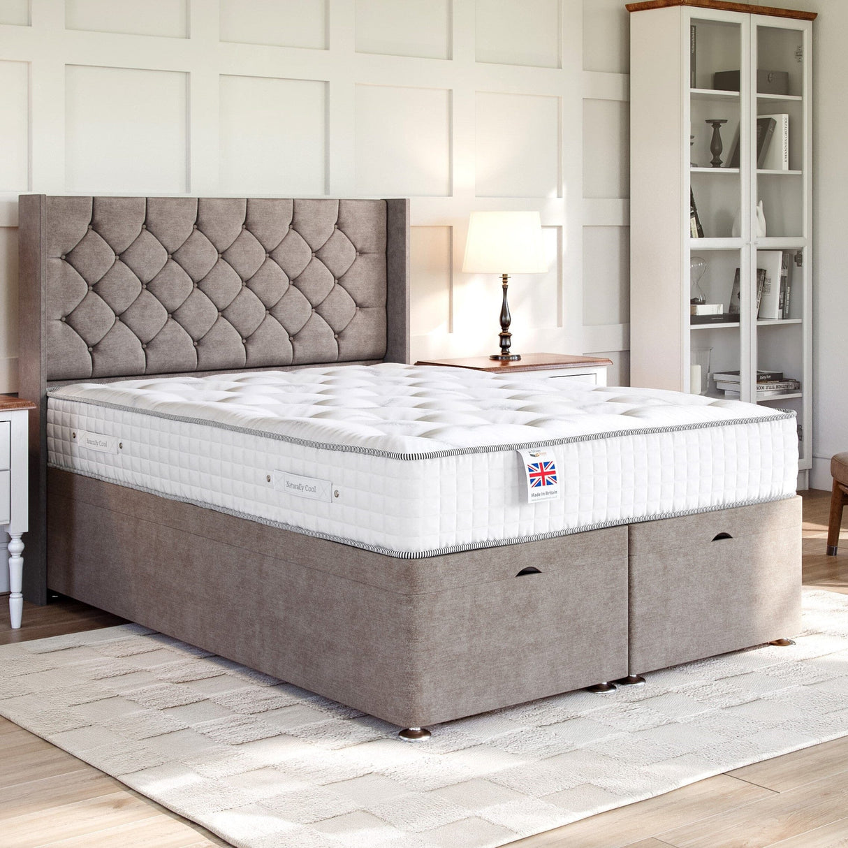 Chesterfield Ottoman Bed Set with Winged Floor Standing Headboard Ottoman Bed Set Divan Base Direct