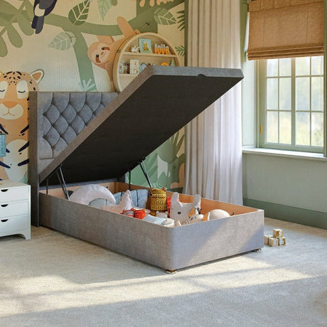 Kids Chesterfield Ottoman Bed with Winged Floor Standing Headboard Divan Base Direct