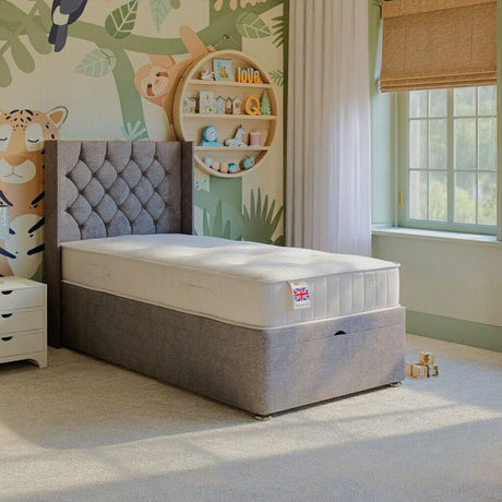 Kids Chesterfield Ottoman Bed with Winged Floor Standing Headboard Divan Base Direct