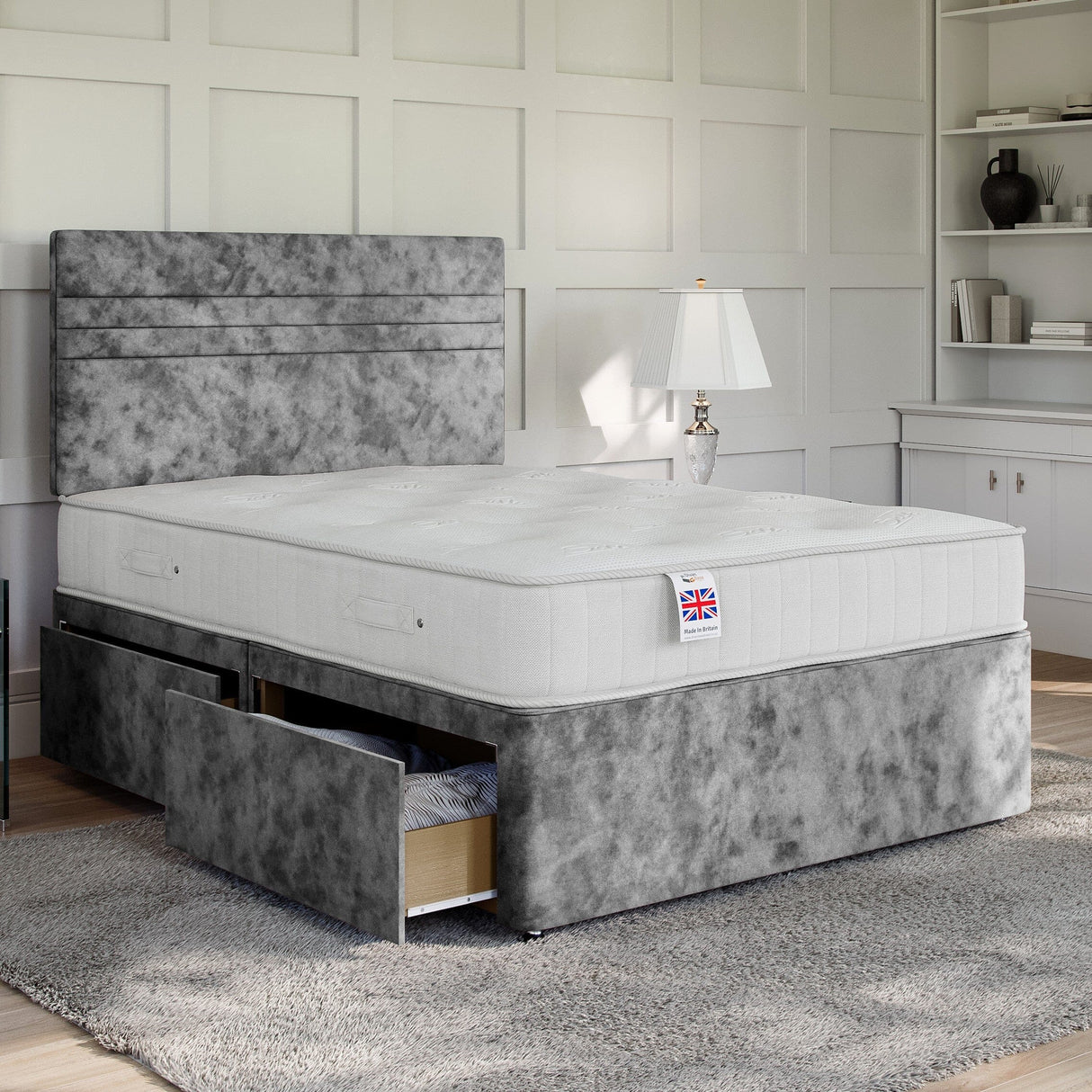 Silver Crushed Velvet Platform Top Divan Bed Base | Divan Base Direct