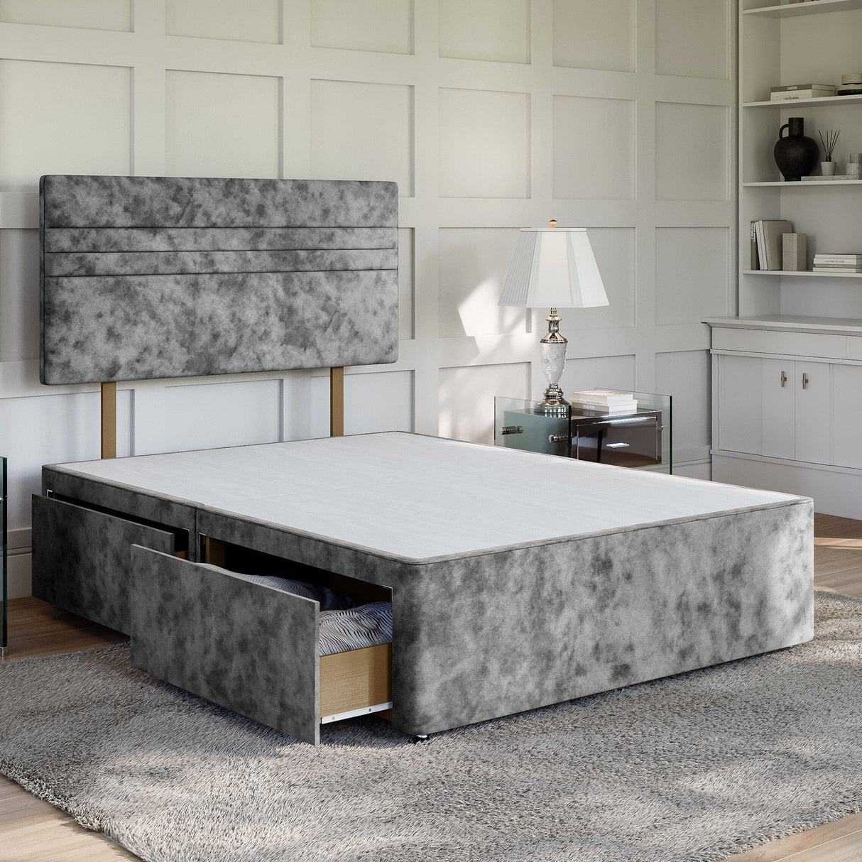 Silver Crushed Velvet Platform Top Divan Bed Base | Divan Base Direct