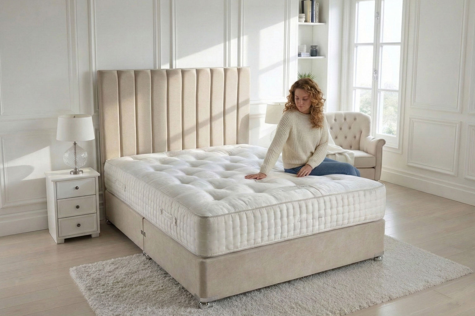 Comfortable mattress in styled bedroom