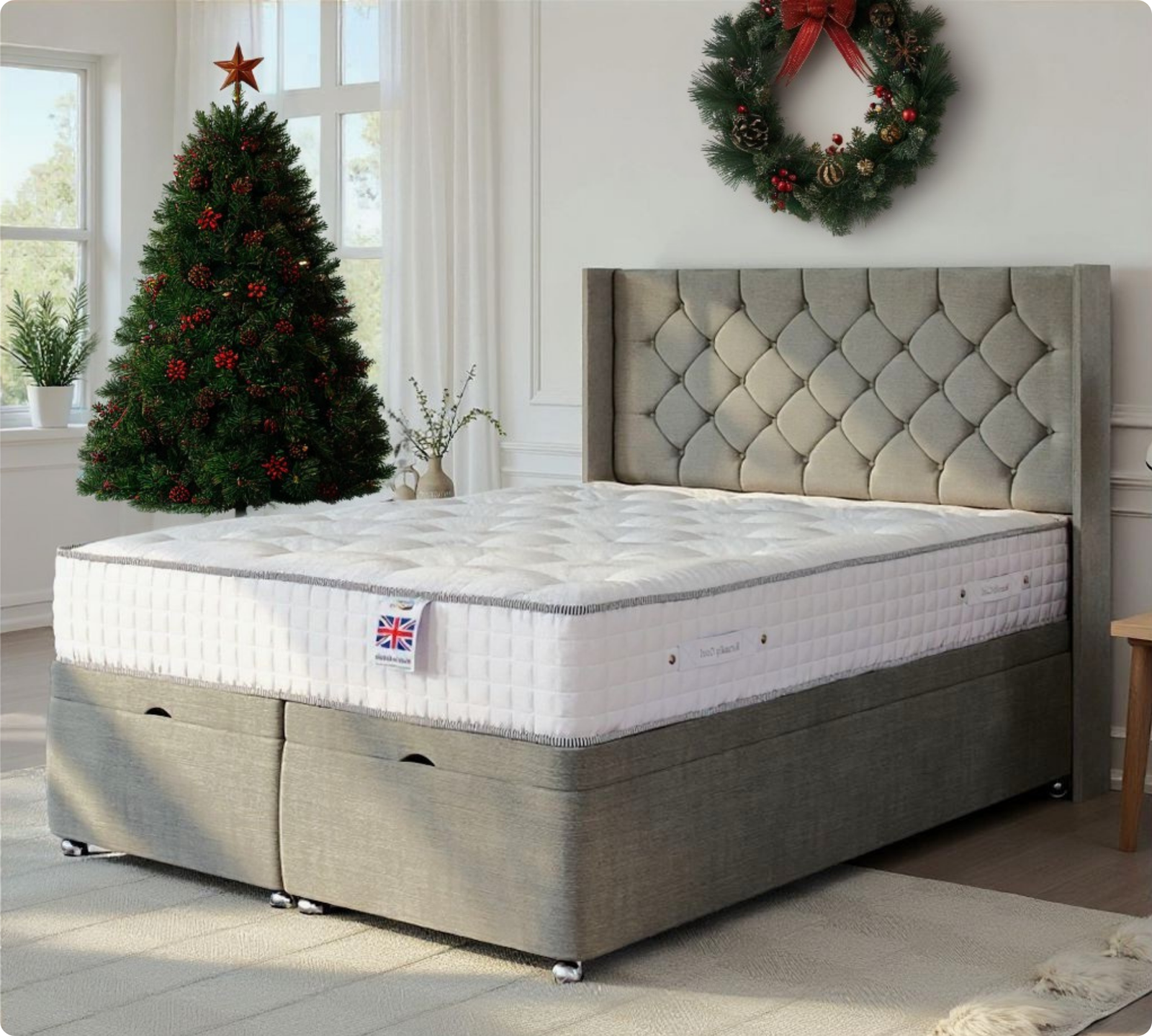 Comfortable mattress in styled bedroom