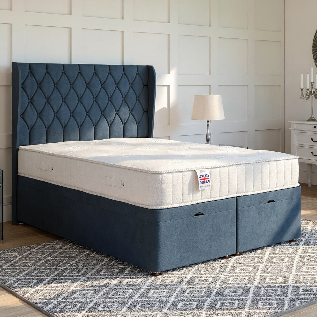 Buckingham Ottoman Bed Set with Winged Floor Standing Headboard
