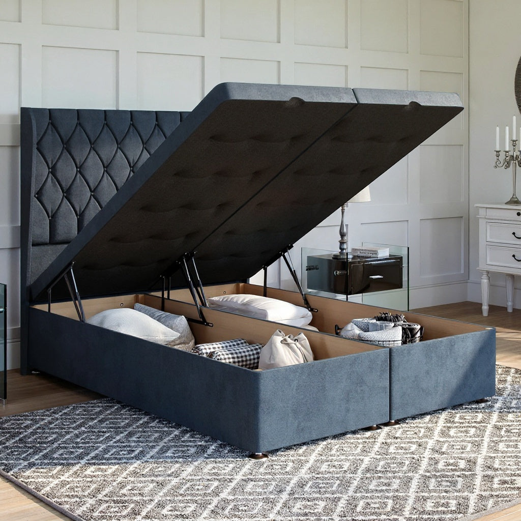 Buckingham Ottoman Bed Set with Winged Floor Standing Headboard