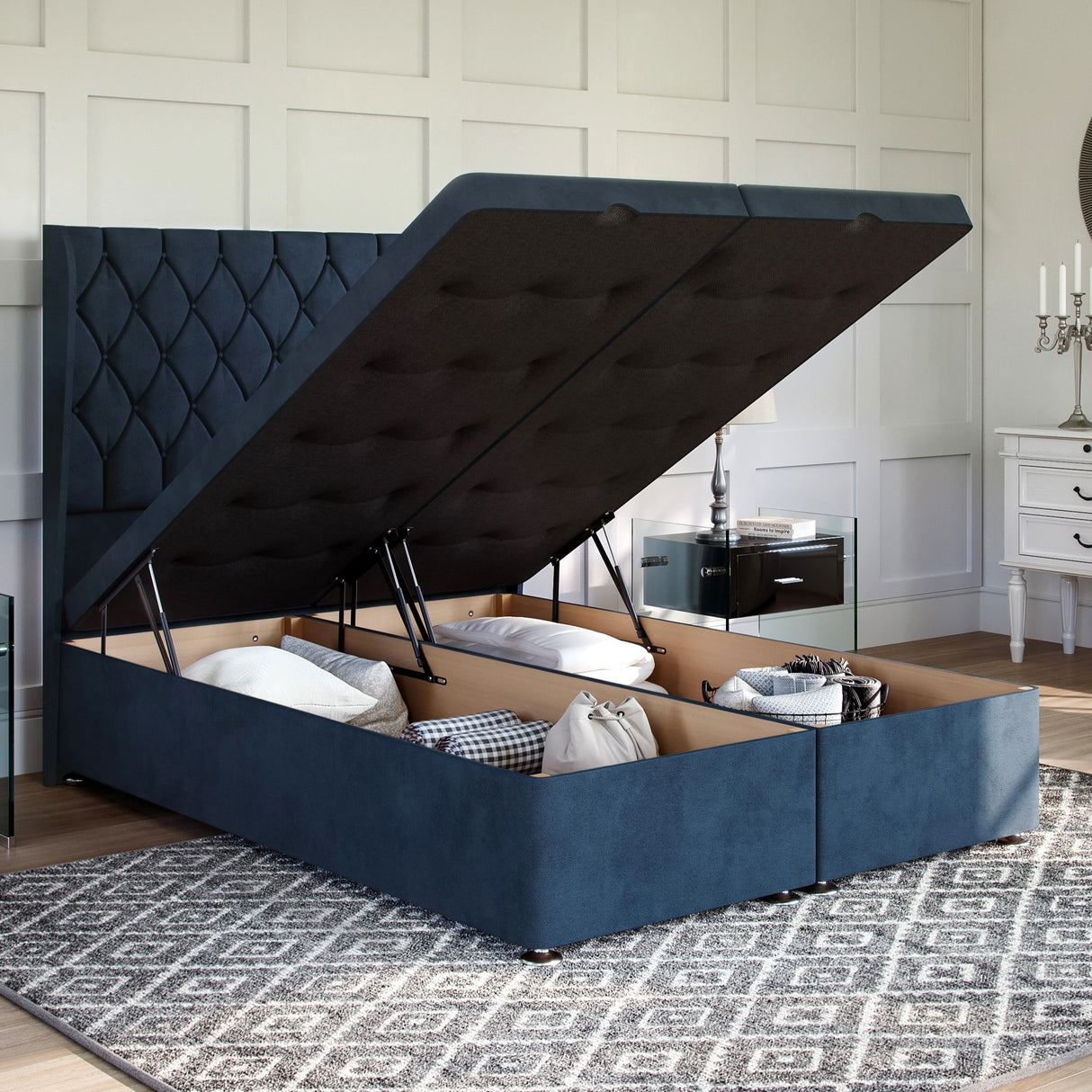 Buckingham Ottoman Bed Set with Winged Floor Standing Headboard