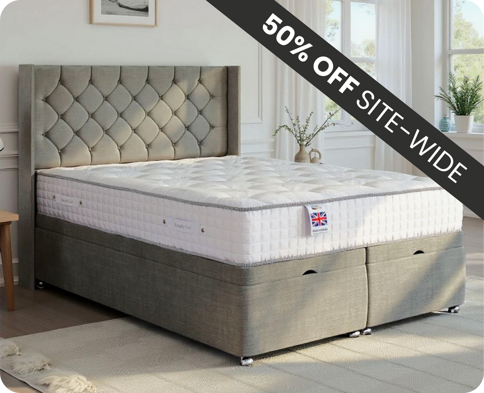 Comfortable mattress in styled bedroom