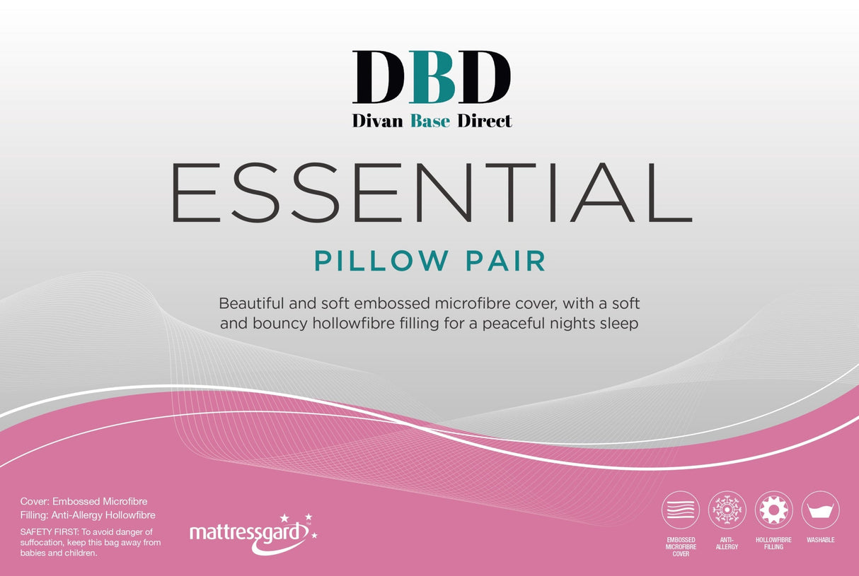 Box of Divan Base Direct Essential Pillow Pair with branding and product description.