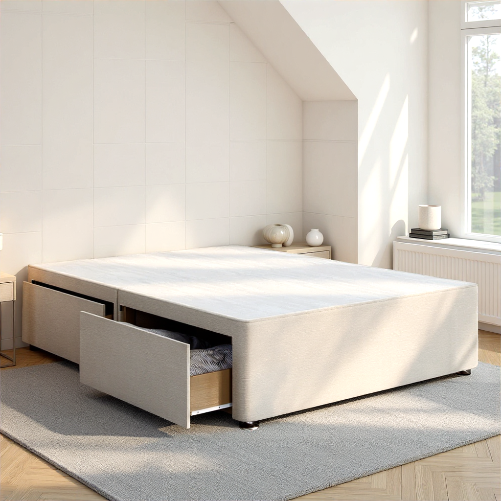 Modern bed with storage drawers in a bright room with large windows.