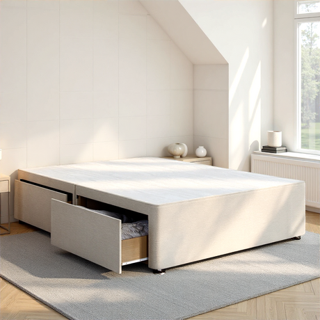 Modern bed with storage drawers in a bright room with large windows.