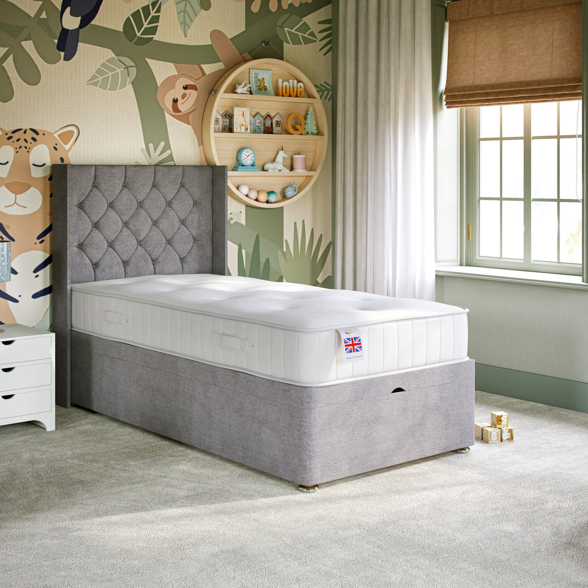 Kids Chesterfield Ottoman Bed with Winged Floor Standing Headboard