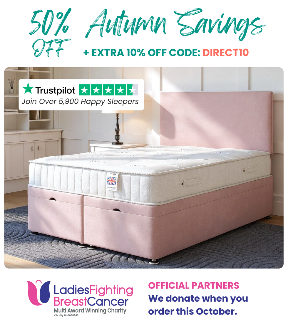 Pink bed with mattress on a wooden floor, promotional text for 50% off and Trustpilot rating, with Ladies Fighting Breast Cancer logo.