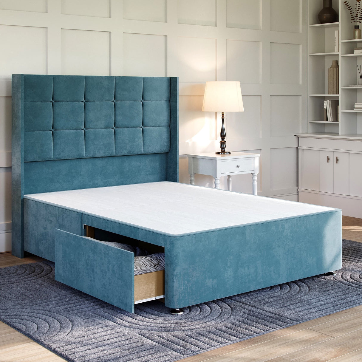 Sicily Divan Bed Set with Winged Floor Standing Headboard