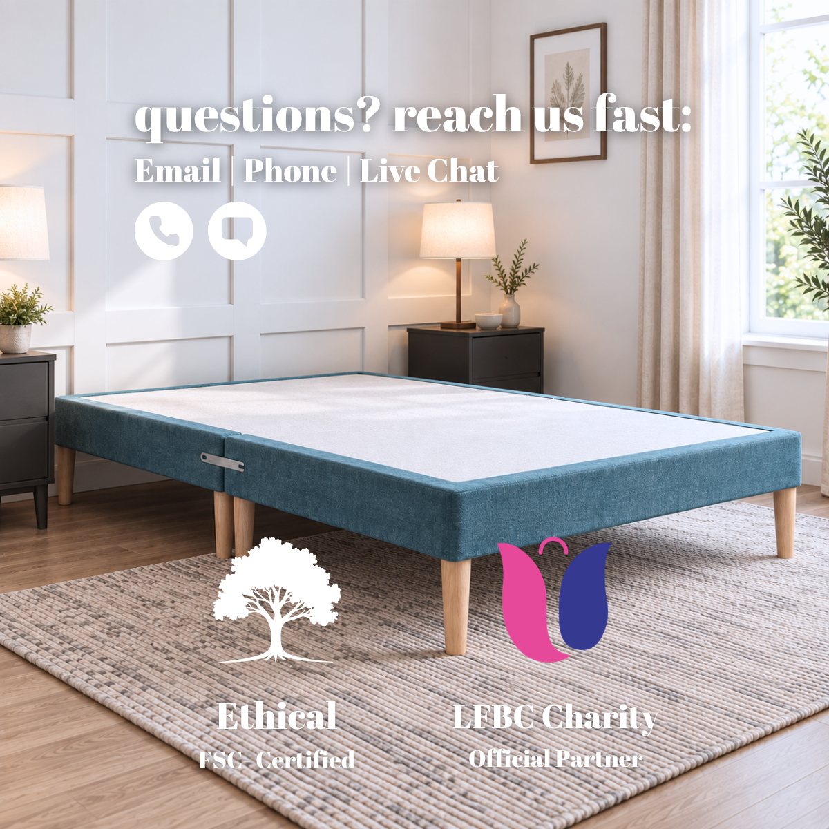 Low Divan Bed Base on Wooden Legs