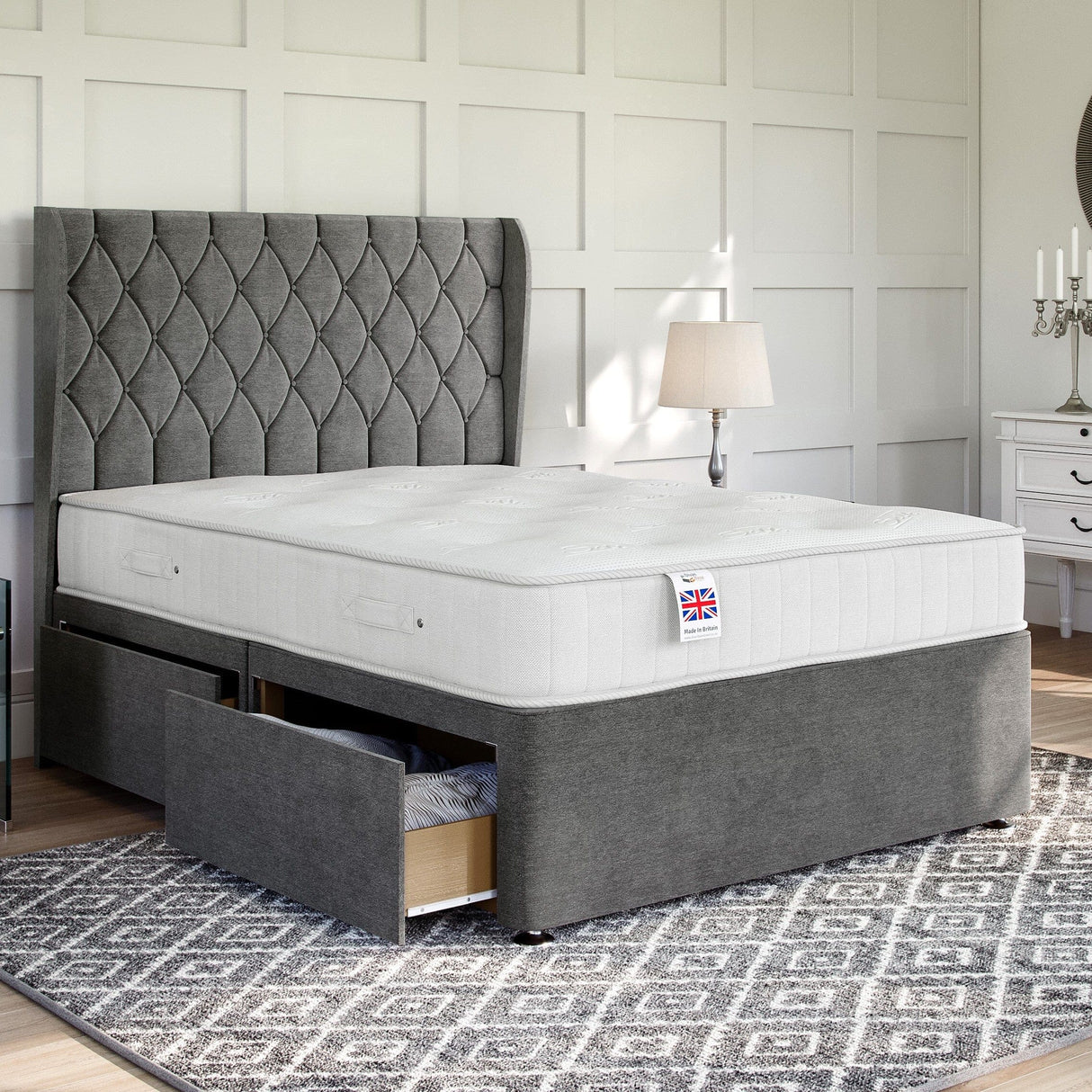 Buckingham Divan Bed Set with Winged Floor Standing Headboard Divan bed Divan Base Direct 