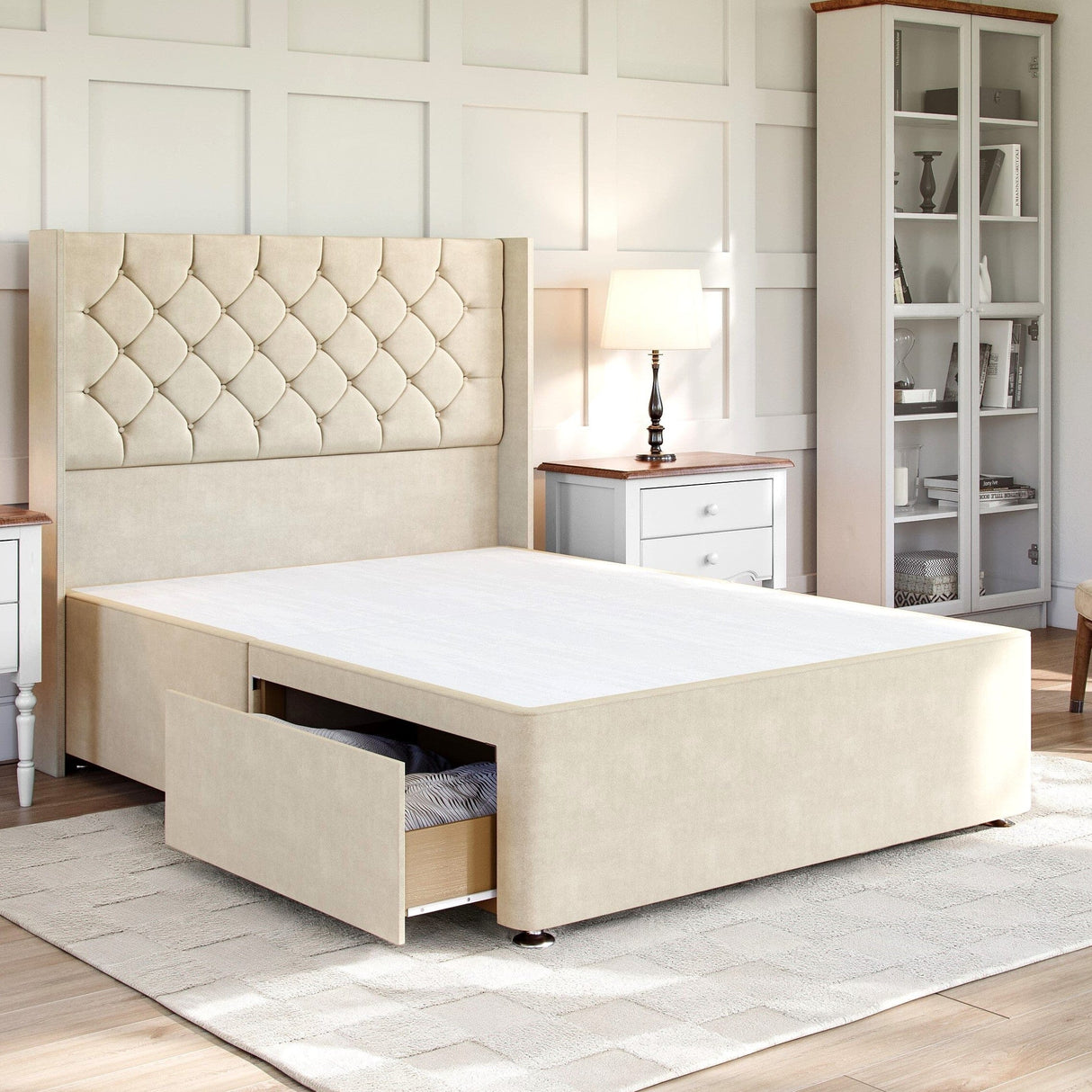 Chesterfield Divan Bed Set with Winged Floor Standing Headboard Divan bed Divan Base Direct 