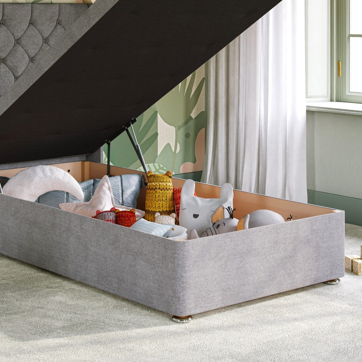 Kids Chesterfield Ottoman Bed with Winged Floor Standing Headboard Divan Base Direct 